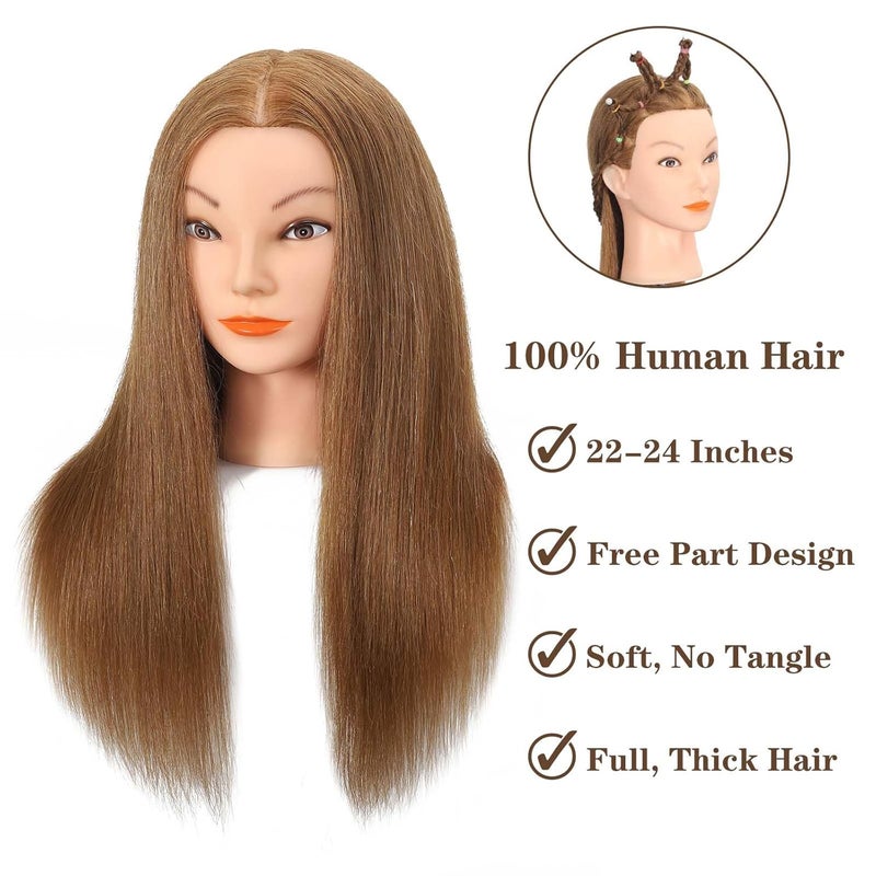 Opini Mannequin Head with 100% Real Human Hair Cosmetology Mannequin Doll Head for Practice Braiding Hairdresser Head with Stand and Tool (#Light Brown) - Image 4